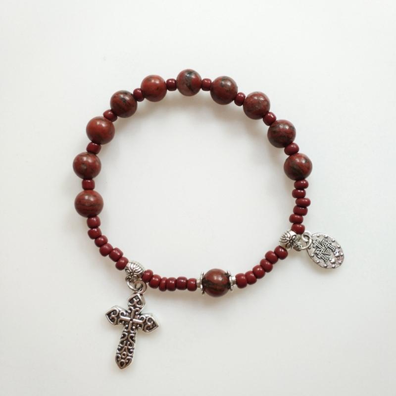 Glass Bead Baptism Religious Gift Catholic for Cross Finger Chain Mini Rosary Sesame Red for Cross Rosary Bracelet for W