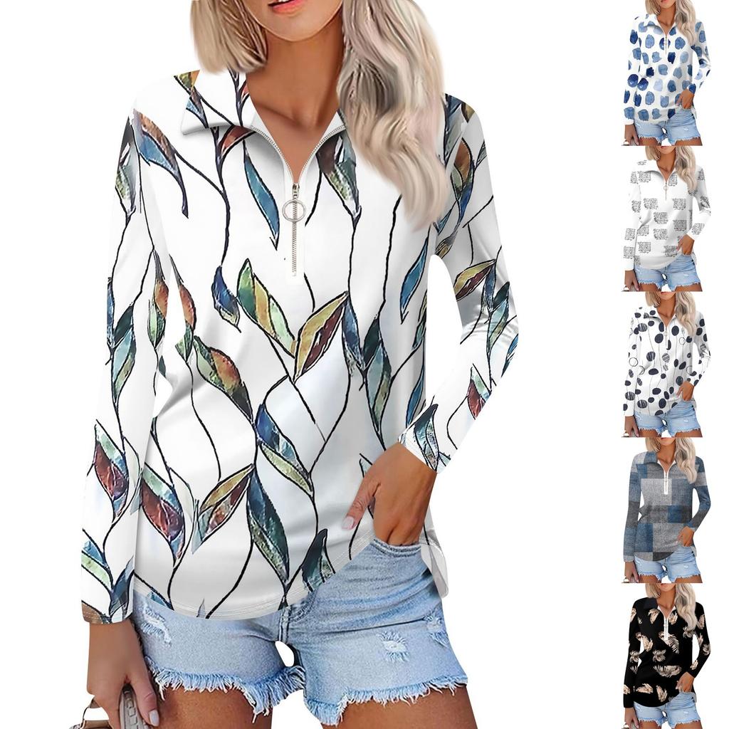 Damen Frühling und Mode Casual Printed Zipper V-Ausschnitt Langarm Shirt Tops