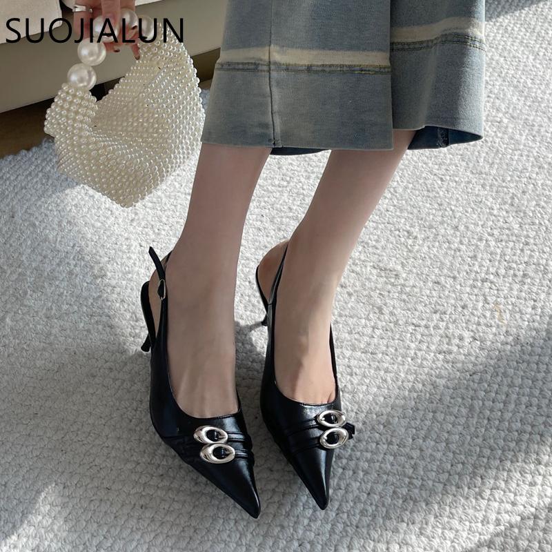 Fashion SUOJIALUN New Brand Women Sandal Fashion Buckle Pointed Toe Shallow Slip On Ladies Elegant Slingback Shoes Thin Low Heel Pumps