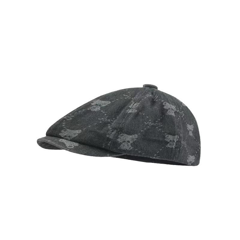 Washed retro bear cowboy beret women's spring and autumn versatile octagonal hat big head circumference showing face small hat