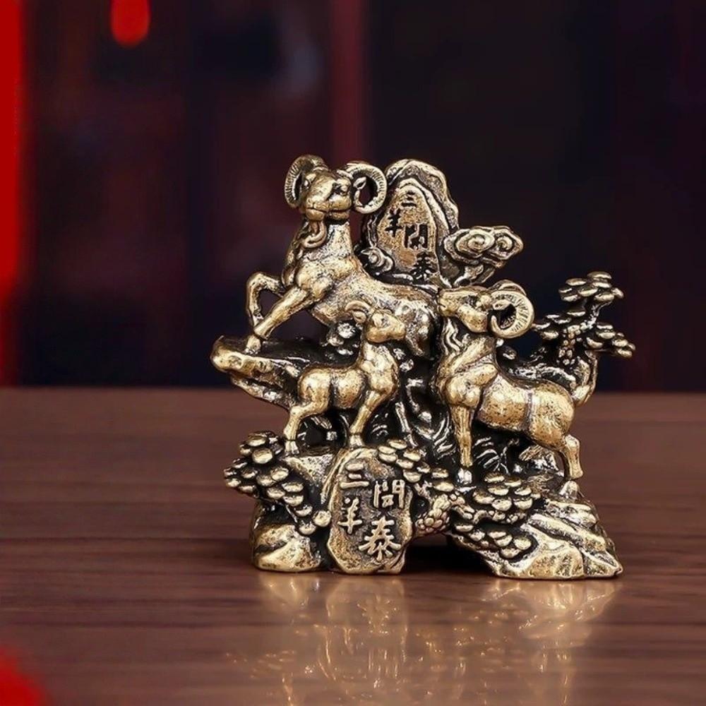 San Yang Kai Tai Zodiac Sheep Figurine Metal Vintage Statue Gift Lucky Ornament Year of The Sheep