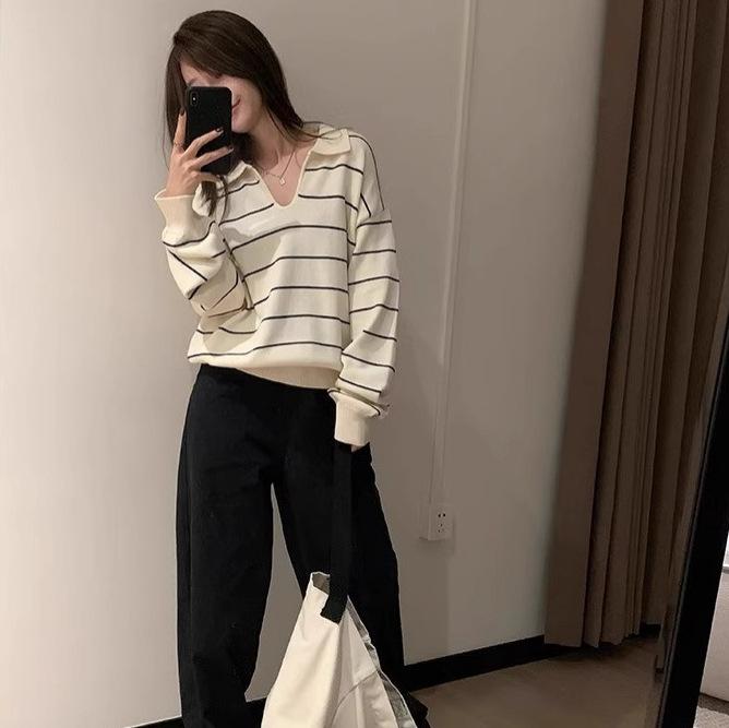 Lazy wind POLO collar striped long-sleeved knitted sweater women's autumn and winter new casual contrasting colors loose