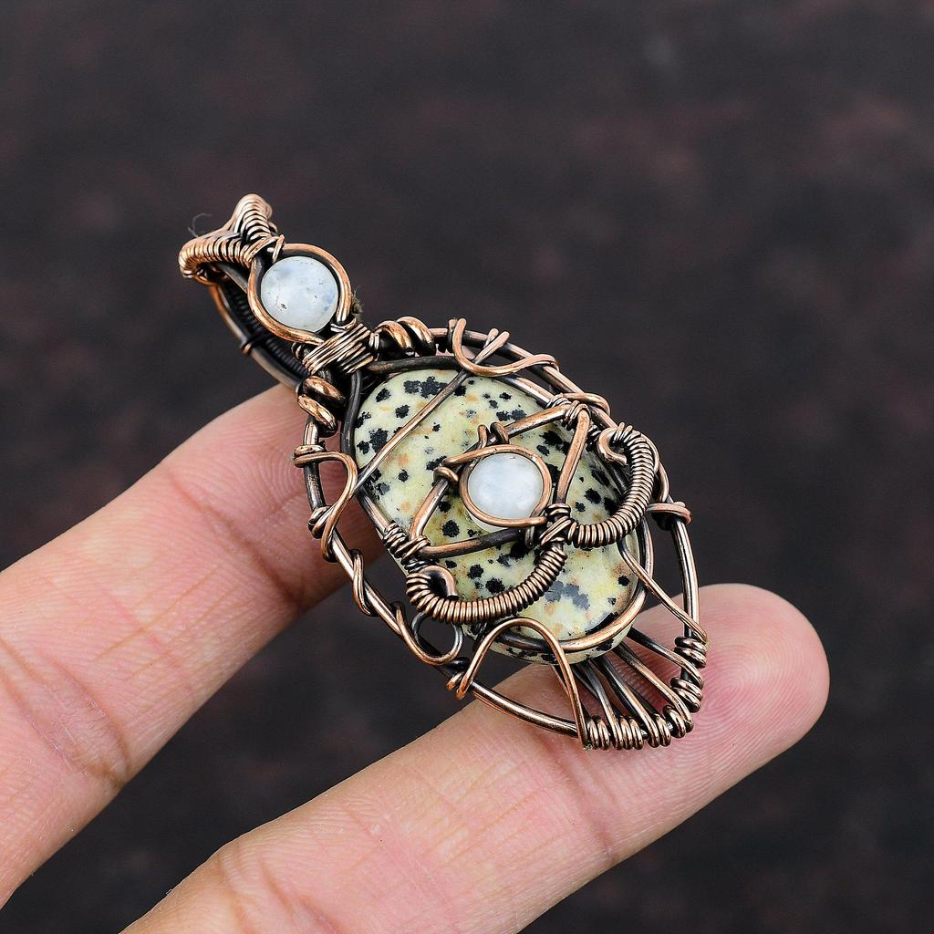 Böser Blick Dalmatiner Jaspis Anhänger Kupferdraht umwickelter Edelsteinanhänger Regenbogenmondstein Anhänger Handgefertigter Kupferschmuck Geschenk für Verlobung