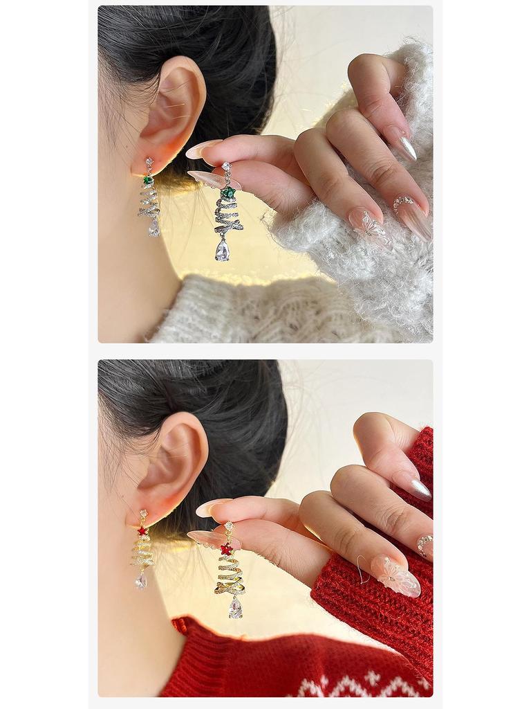 925 Silver Christmas Tree Zircon Stud Earrings - Elegant Holiday Jewelry for Women