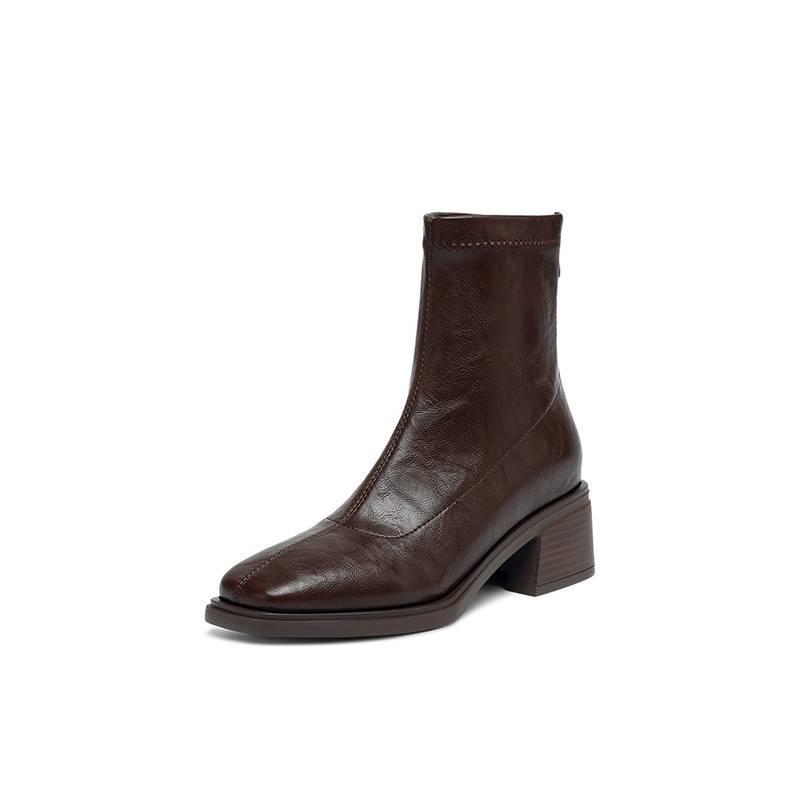 New Korean Version Leather Women's Medium Boots Rear Zipper Large Size Women's Boots Round Head Square Heel Comfortable Rubber Sole Martin Boots