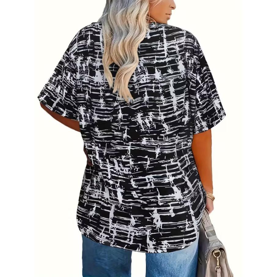 XL-7XL Damski T-shirt Plus Size z Gradientem, Casualowy, z Nadrukiem 3D, Luźny, z Dekoltem w Serek, z Krótkim Rękawem