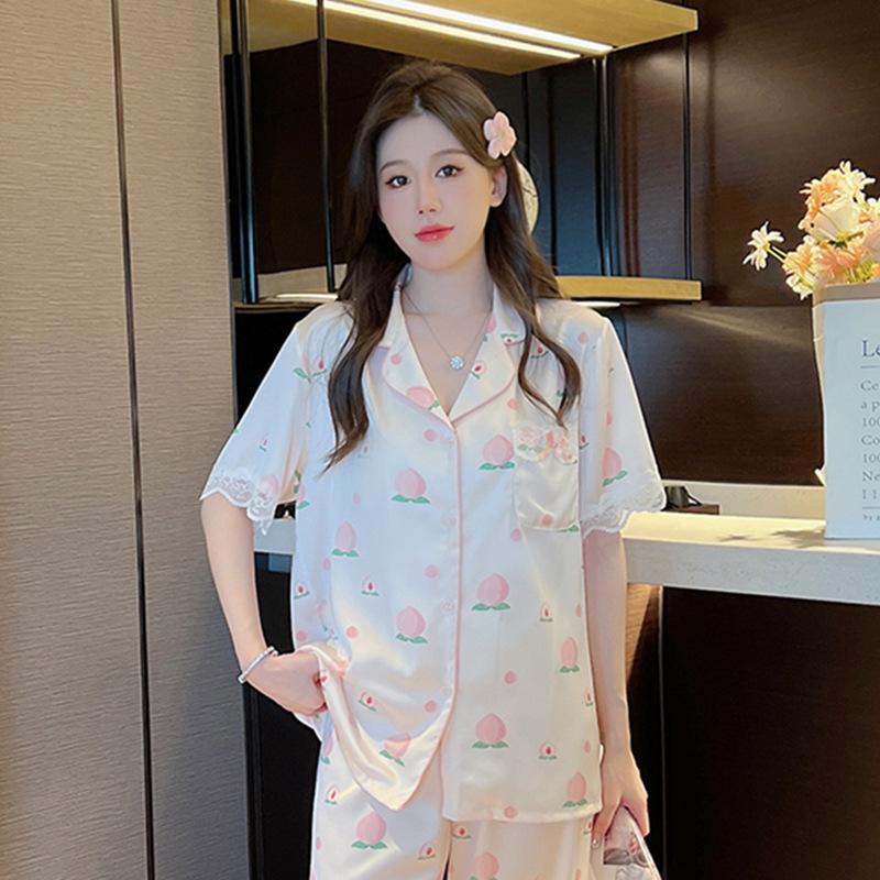 Sweet And Cute Girl Peach Jacquard Pajamas Ice Silk Short-Sleeved Shorts Lace Lace Summer Thin Loungewear