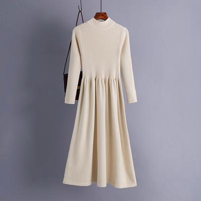 Autumn and Winter Women's Sweater Dress Half-high Neck Swing Long Knitted Dress Waisted Long-sleeved Simple Temperament Sweater Bottoming Skirt