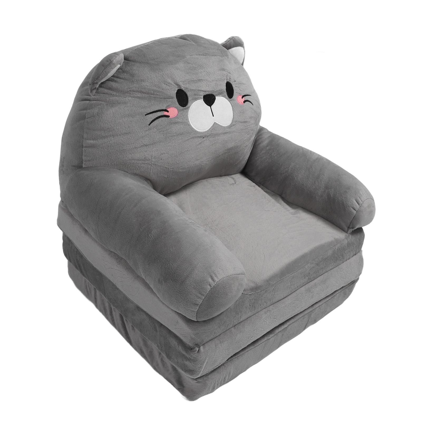 

Kids Couch Toddler Chair Plush Cute Cat Fold Out Floor Sting Cushion Armrest Sofa Bed for Napping Playing Sping Rding Grey