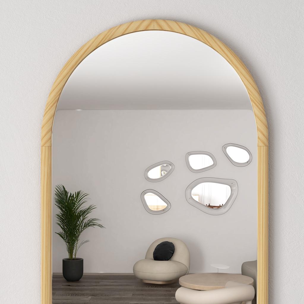 Arched Wall Mirror, Wooden Frame, 110 x 65 cm, Natural Wood