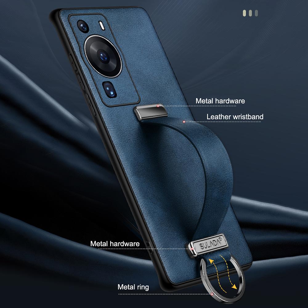 SULADA Fashion Series for Huawei P60 Pro Crazy Horse Texture Back Cover Retractable Strap Kickstand Leather Coated PC+TPU Phone Case