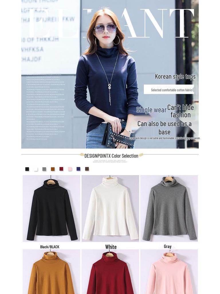 Clearance Pure Cotton High Neck Slim Fit Long Sleeve Women's T-Shirt - Korean Style Solid Color Warm Base Layer