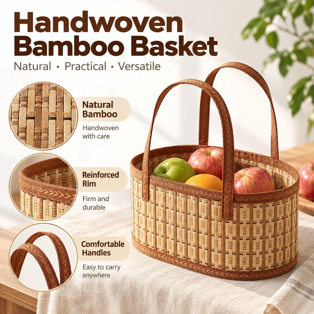 Handwoven Picnic Basket Portable Handles Woven Storage Basket New Bamboo Basket  Home Storage