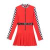 Cosplay-Mottoparty, Cheerleading, Tanzkleidung, Racer-Mädchen, Rennen, Rennfahrer-Kostüm, A-Linie, Schachbrett-Plisseekleid mit Gürtel