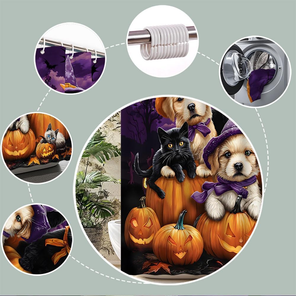 Halloween Shower Curtain Cute Dogs And Cats With Witch Hats Horror Pumpkins Full Moon Spooky Bat Gothic Animals Bath Curtain