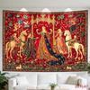 Arazzo Medievale Floreale Rosso 2D Scena di Corte con Unicorno Appeso a Parete