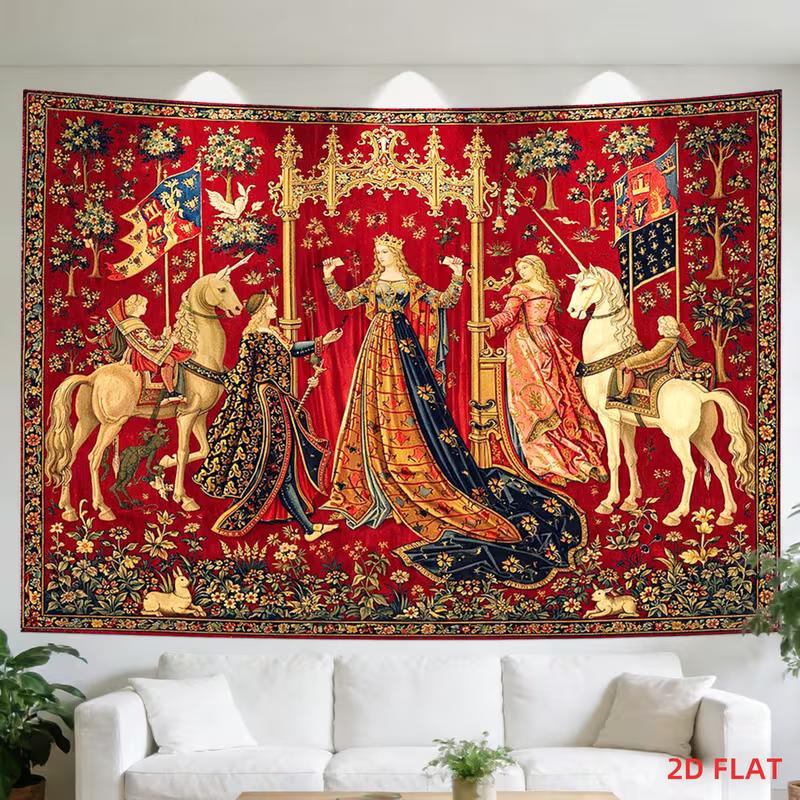 Arazzo Medievale Floreale Rosso 2D Scena di Corte con Unicorno Appeso a Parete