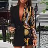 Damenkleider, zweifarbig, Spleißen, bedruckt, Anzug, sexy, tiefer V-Ausschnitt, lässig, Bankett, Party, kurzes Kleid