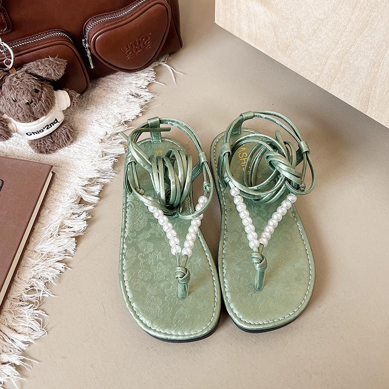Fashion Cross Strappy Sandals Shoes for Women Summer Flat Bottom Beach Lace-up Roman Flip Flops Sandales Femme Casual Pearl Soft Sandal