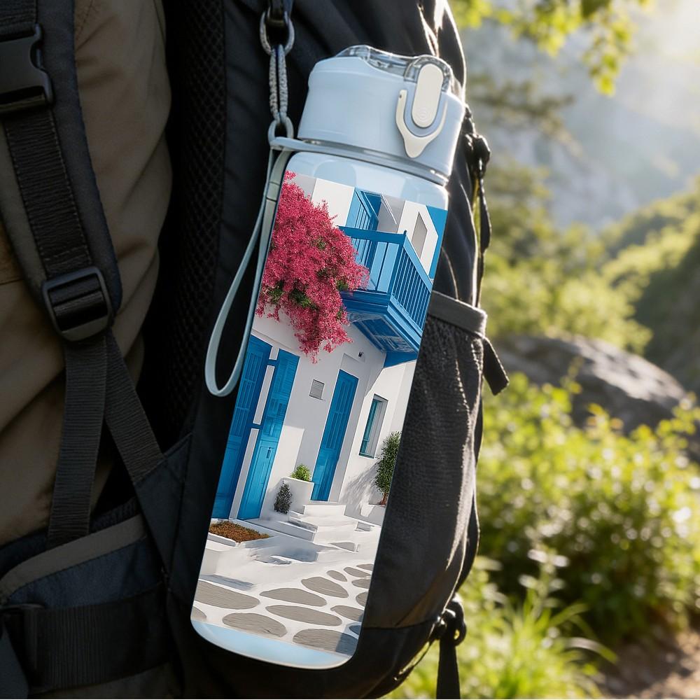 1PC Santorini Blue Street Building Print 750ml Color Plastic Sports Water Bottle Leakproof Flip Straw Lid Suitable for Sports Office Home Use