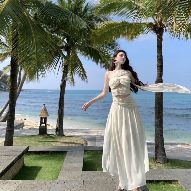 French Temperament Streamer Slanted Shoulder Tube Top Dress Fairy Summer Seaside Vacation Sexy Long Skirt S абрикосовый