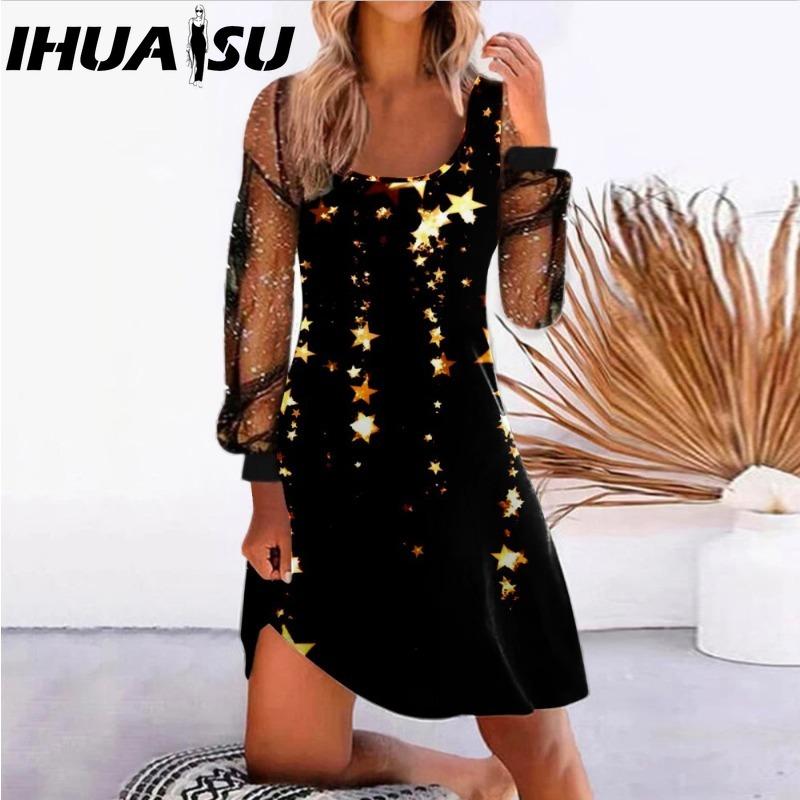 IHUASU Mote for kvinner Vår Høst Ensfarvet Trykk Langermet U-hals Høy midje Casual Kjoler