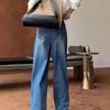 Retro High Waist Slim Fit Blue Jeans Women's  Long Pants Straight Leg Floor Length Washed Denim Skinnier