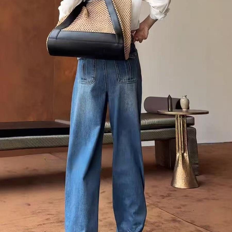 Retro High Waist Slim Fit Blue Jeans Women's Long Pants Straight Leg Floor Length Washed Denim Skinnier