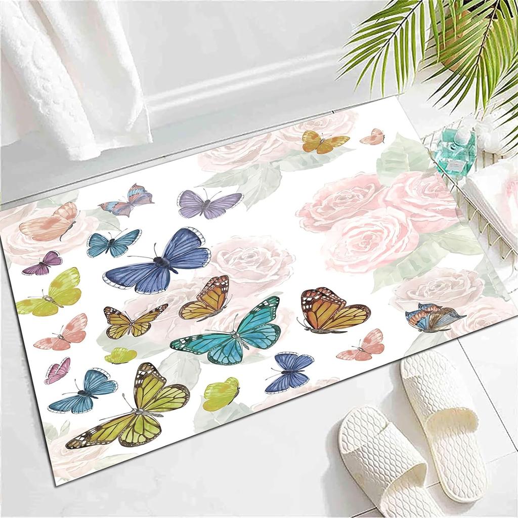 Wild Animal Butterfly Carpet Spring Garden Plant Floral Rug for Bedside Sofa, Botanical Flower Floor Mat Home Entrance Doormat