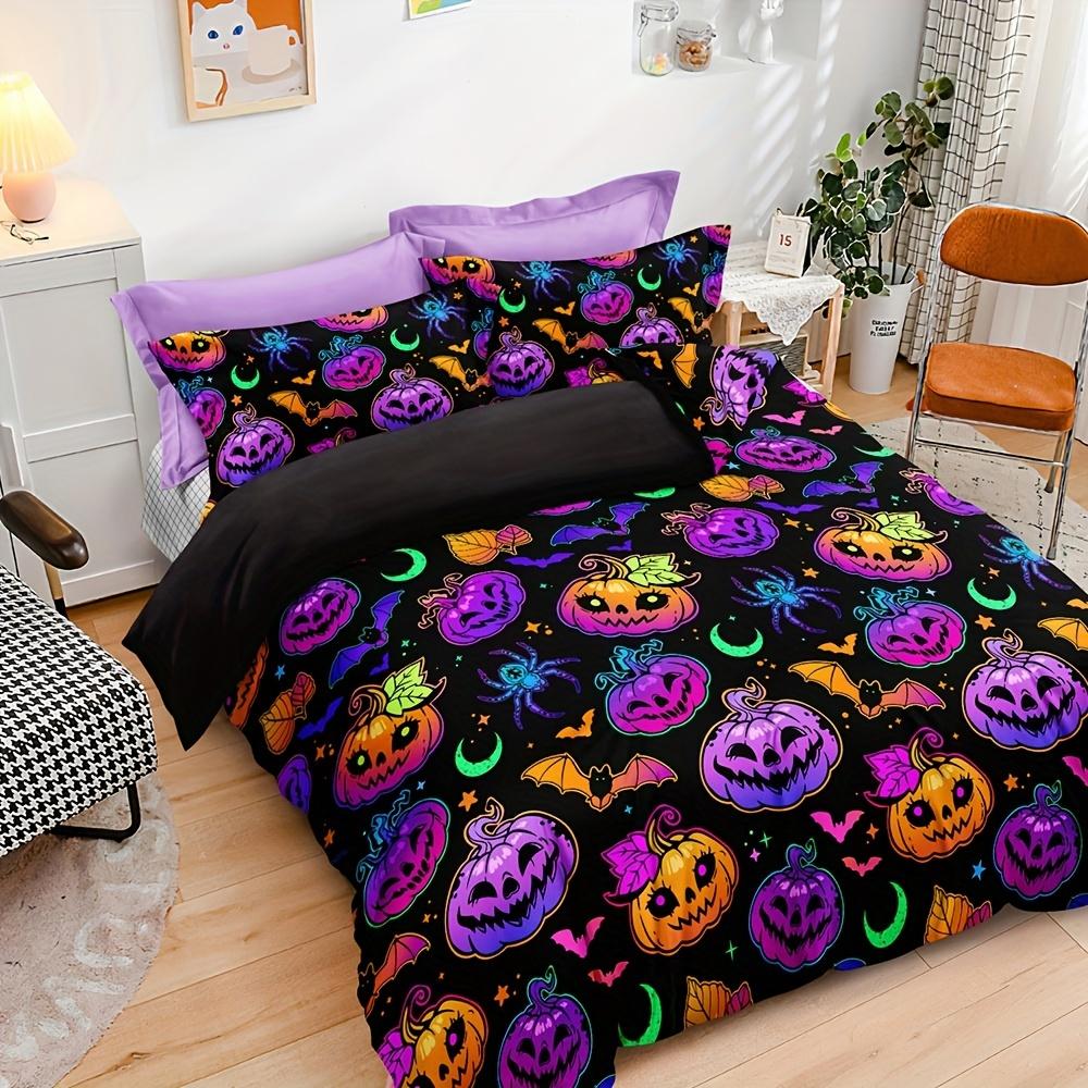 Bettbezug-Set mit Halloween-Motiv, Bettwäscheset mit Cartoon-Kürbis- und Fledermaus-Aufdruck, weich, bequem, atmungsaktiv, Bettbezug für Schlafzimmer