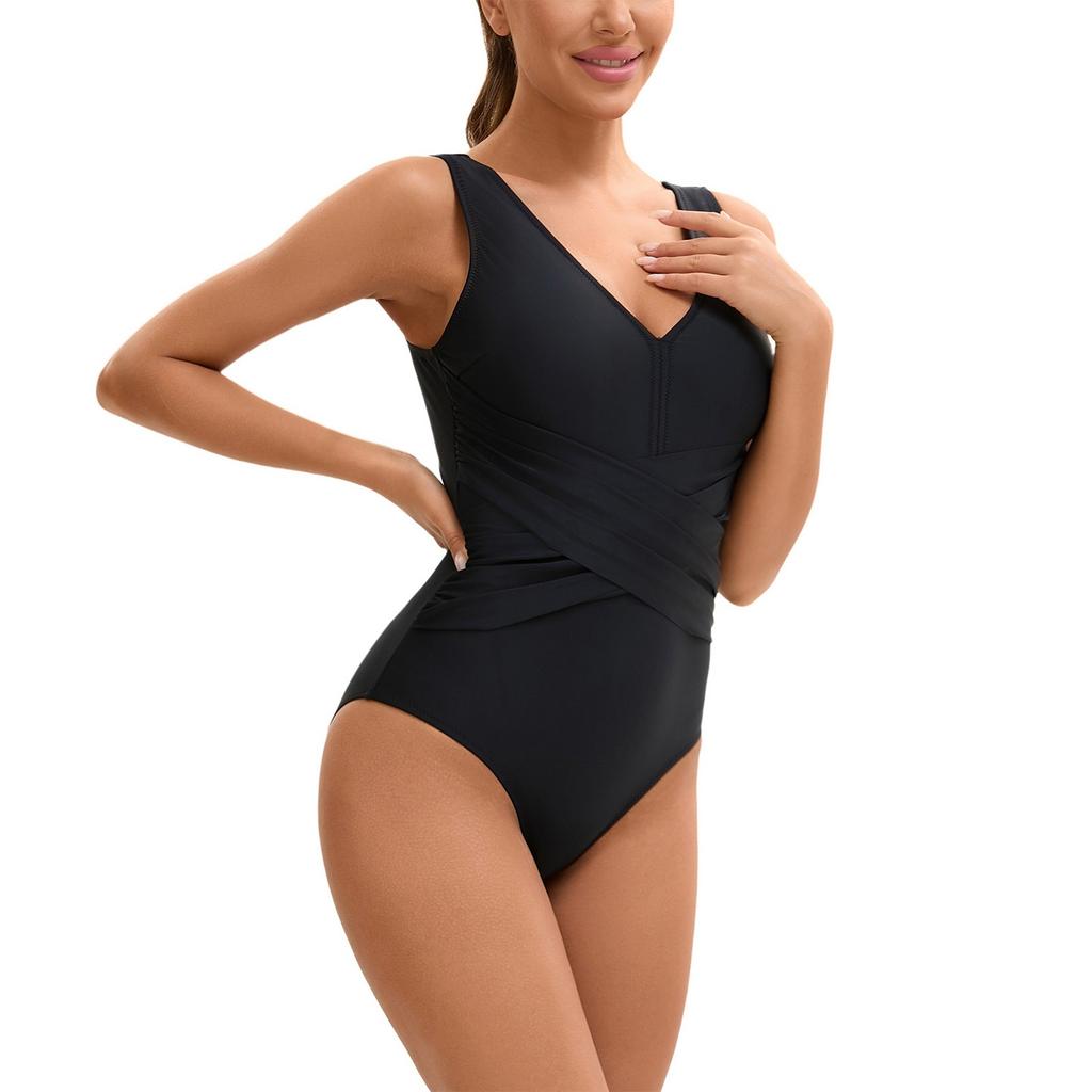 One Piece Swimsuit for Women Sleeveless Conservative Design V Neckline Backless Style with Built In Chest Pad Solid Color Swimwear