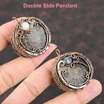 Ammonit Fossil Kupfer Anhänger Kupferdraht gewickelt Anhänger Regenbogen Mondstein Schmuck Handgefertigter Anhänger Für Geschenk Labradorit Edelstein Schmuck
