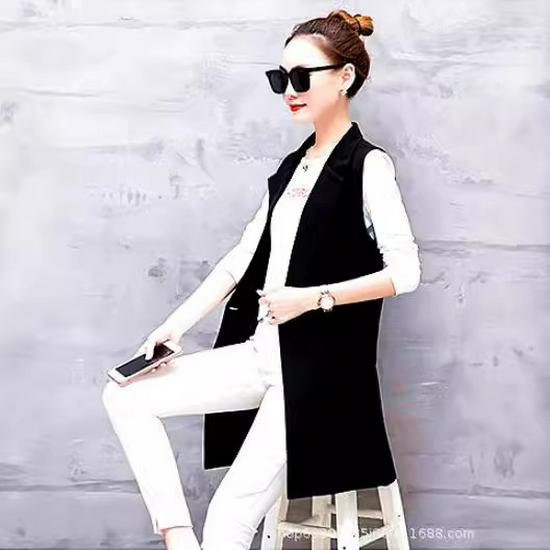 Women's Slim Fit Double-Breasted Vest with Shoulder Pads - Mid-Length, Sleeveless, Red or Black, Korean Style, for Spring and Autumn