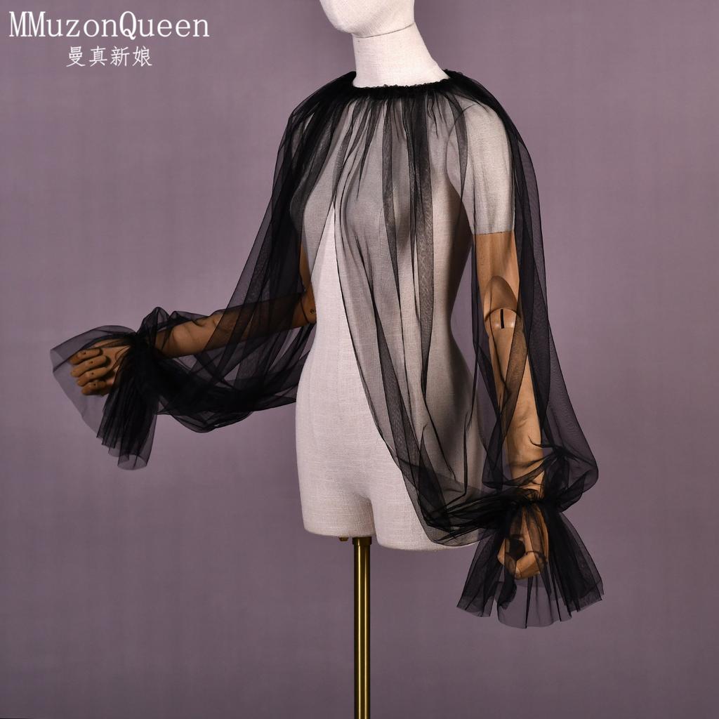 Two Colors Sheer Tulle Long Sleeve Cape Shrug, Elastic Ruffle Cuff Mesh Cover Up for Strapless Satin Wedding Dress Bridal Evening Party Photoshoot