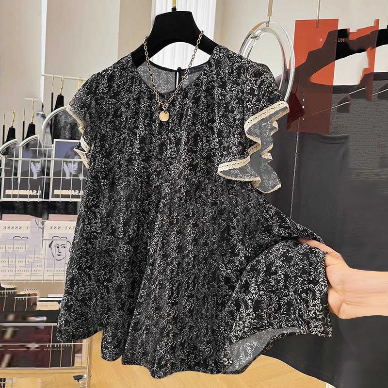 

ZANZEA Женская летняя блузка с круглым вырезом и коротким рукавом с принтом S чёрный