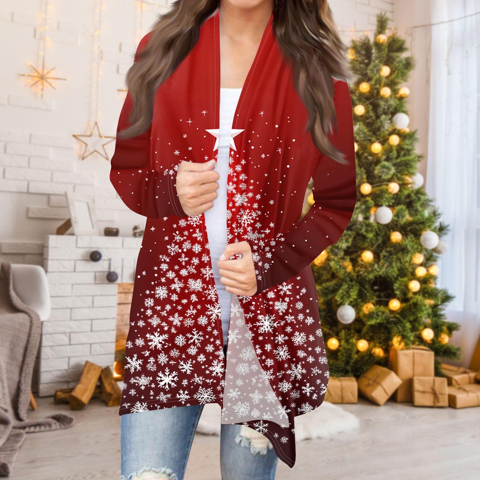 

Женская мода повседневная рождественская печать средней длины кардиган куртка пальто L винный