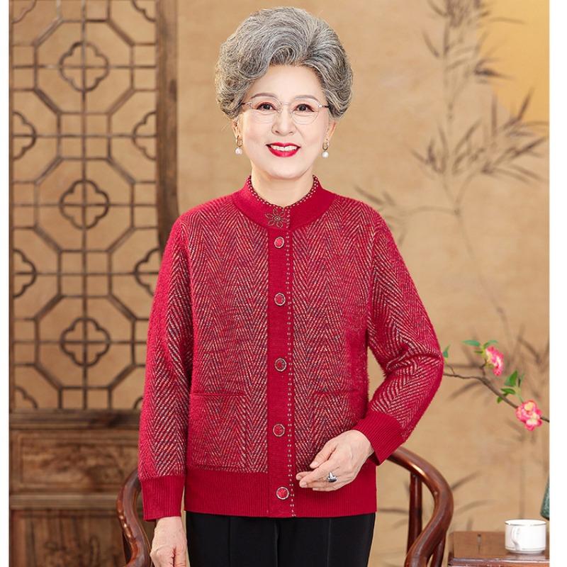 Medium Elderly Loose Casual Crew Neck Jacket Grandma Sweater Cardigan Mom Knitted Sweater Old Lady Clothes Women's