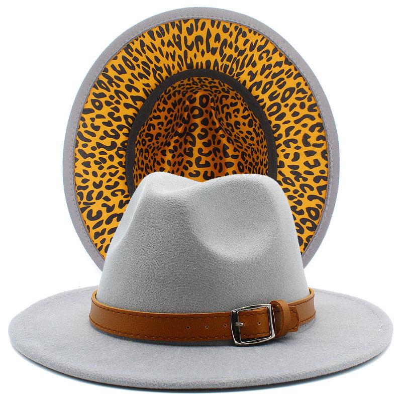 Autumn and winter new leopard print woolen top hat outdoor big edge warm felt hat belt British style jazz hat Wish