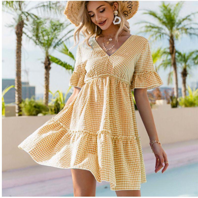 

V-neck Loose Half-Sleeve Backless Lace up A- line Dress Yellow XL