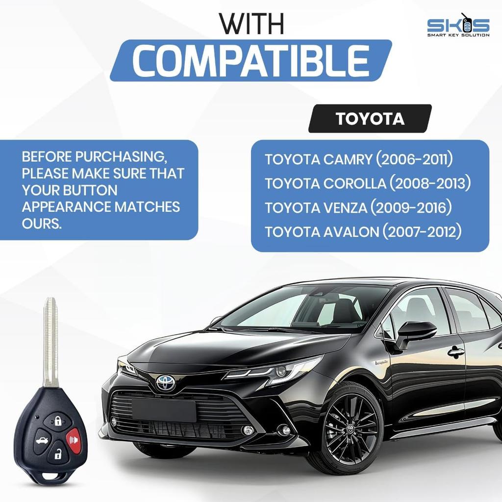 Key Fob Keyless Entry Remote Shell Case & Pad Fits Toyota 2008-2013 Avalon / 2007-2011 Camry / 2008-2013 Corolla / 2009-2014 Venza (HYQ12BBY,