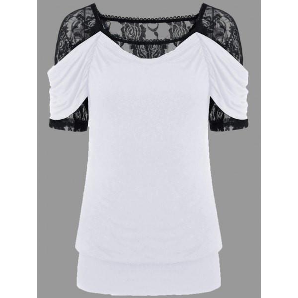 

Женская мода Летний совок Шея Кружева Отделка Ruched Top Футболка