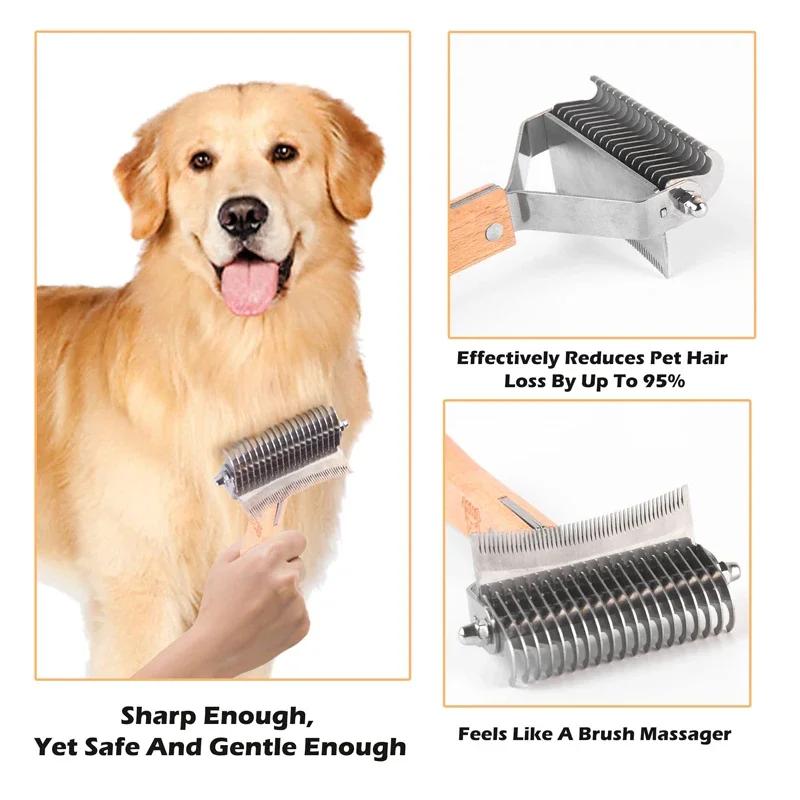 3-in-1 Deshedding Dog Rake BrushComfortable Handle Dematting Comb Removes Hair Tangle Rounded-end Blade