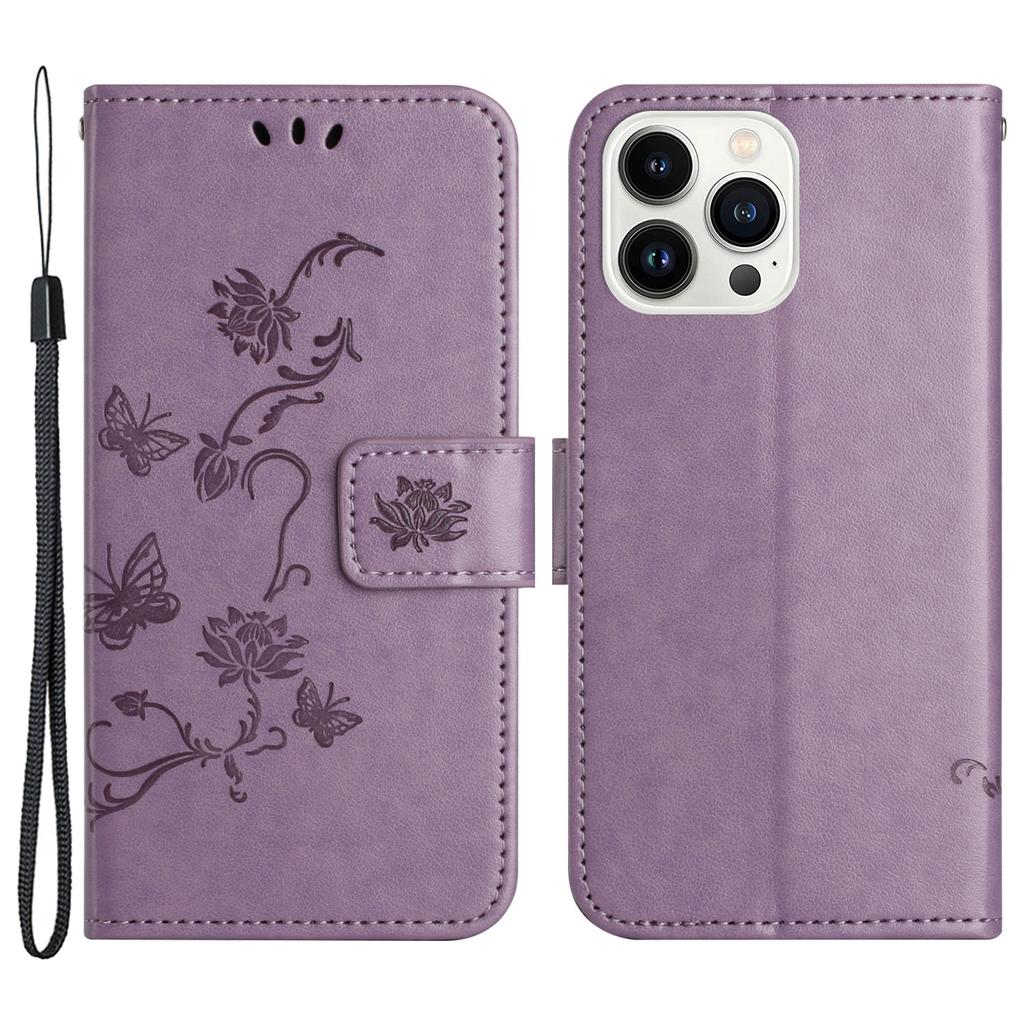 Butterfly Flower Imprinted Leather Case for iPhone 15 Pro,Stand Waller Protective Phone Cover