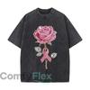 Pink Jeweled Rose Ribbon Awareness Floral Design Vintage Distressed Loose Streetwear Tops