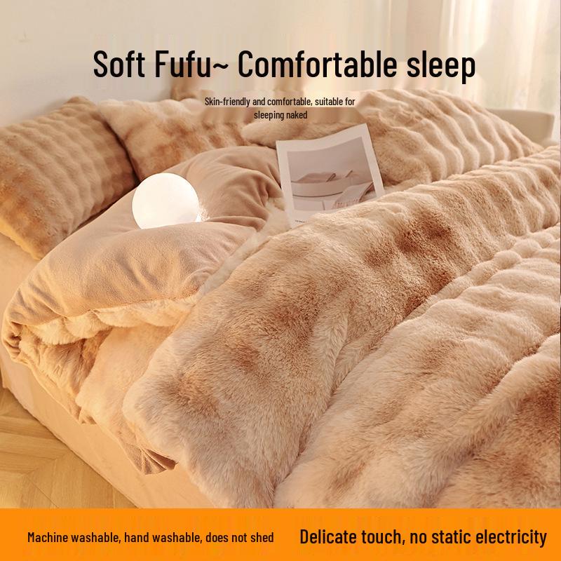Winter Plush Bunny Fur Bedding Set: Double-Sided Milk Velvet and Coral Fleece Duvet Cover with Skirt
