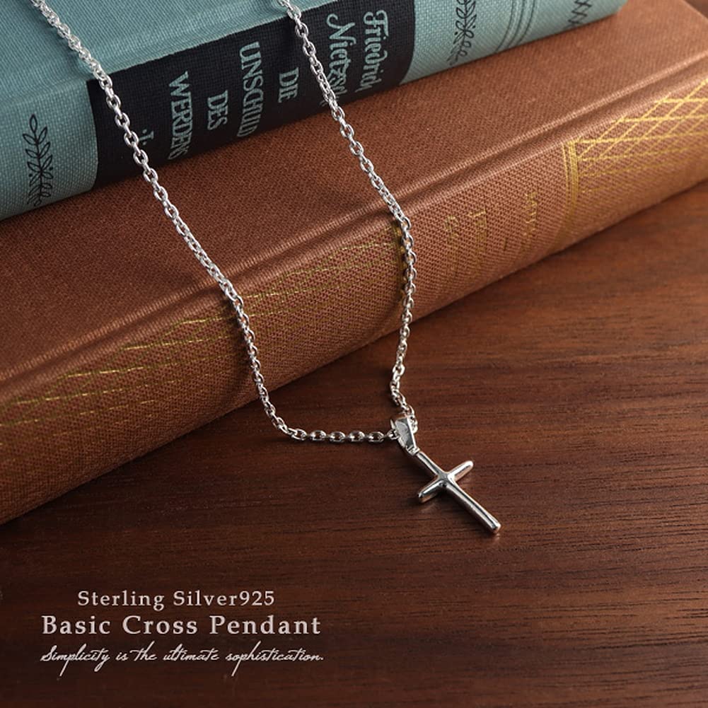 Shinjuku Gin no Kura Small Simple Cross Silver 925 Necklace Crucifix Latin Cross Pendant (45cm Chain)