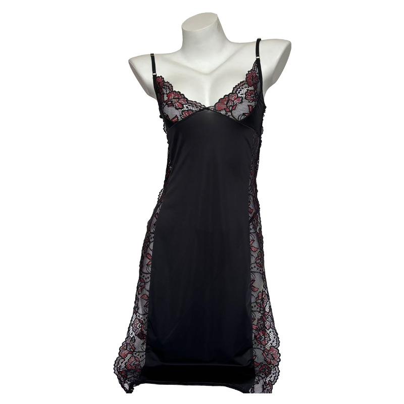 Sexy deep V lace temperament split ends erotic underwear temptation pure desire perspective suspender nightdress set