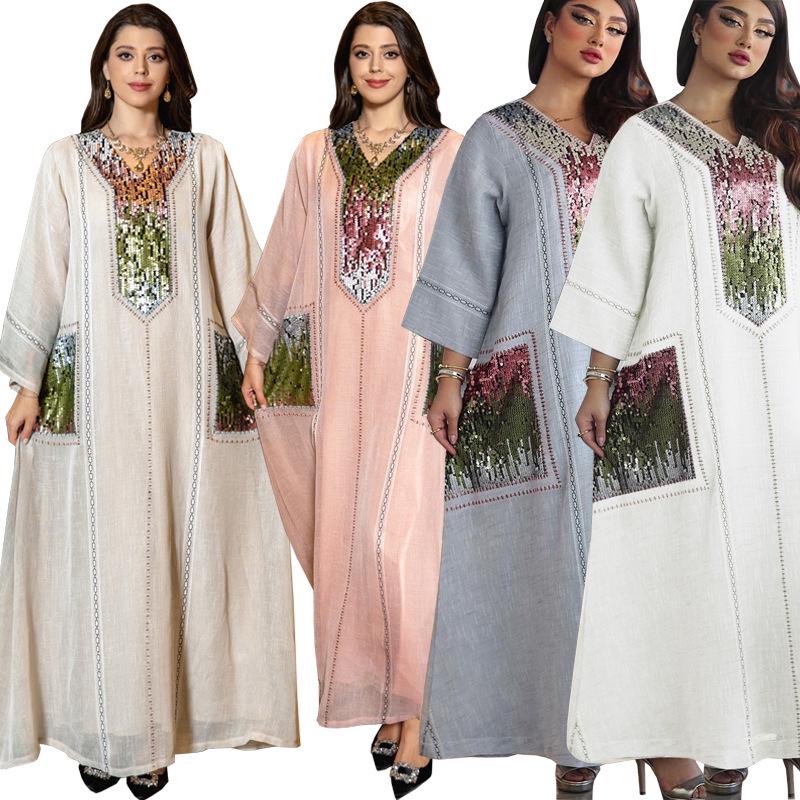 AB053 Dubai Beaded Sequin Jalabiya: Women's Embroidered Long Robe for Eid al-Fitr.