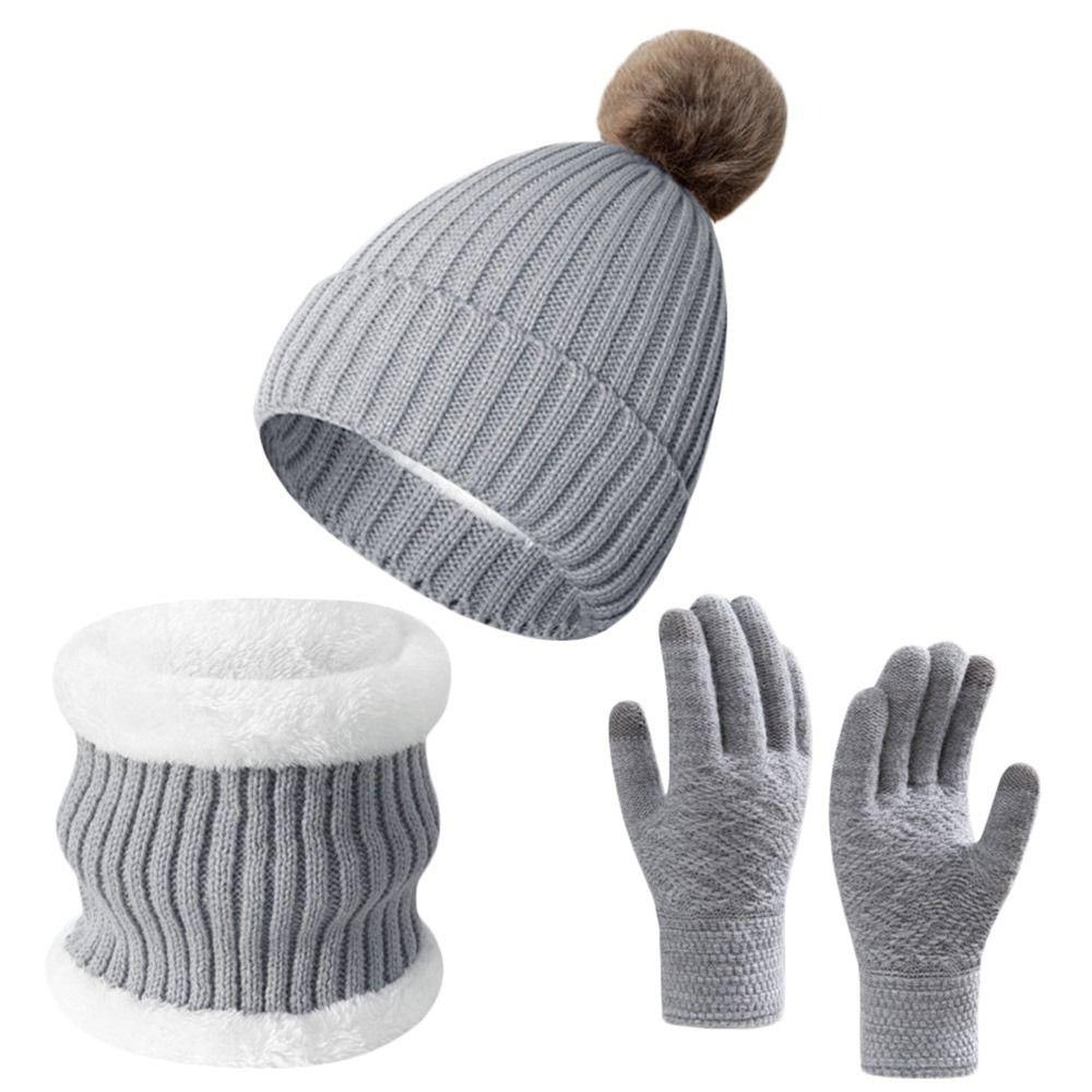 3Pcs/Set Plush Lining Knit Beanie Snood Set Warm Scarf Neck Warmer  for Men Women