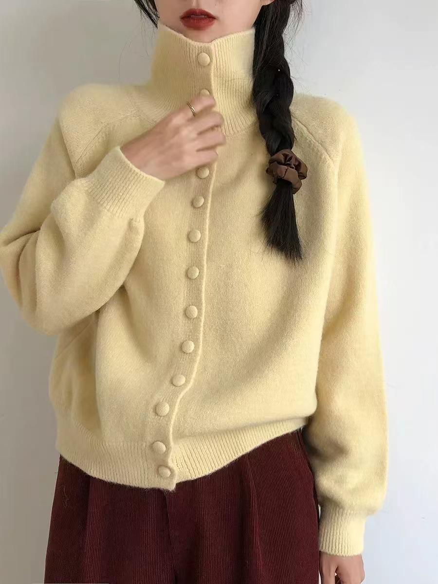 

High-necked knitted cardigan women s autumn and winter new retro lazy style high-end loose sweater jacket One Size